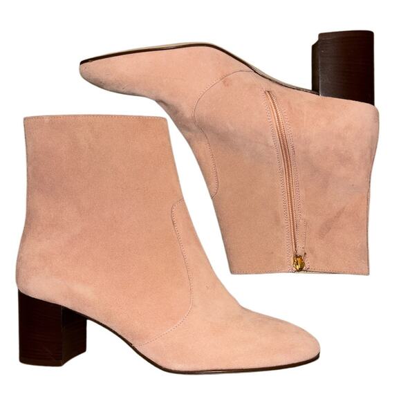 $275 J Crew Women 10.5 Ankle Stacked Heel Boots Suede Soft Blush Upper Leather - Picture 1 of 9